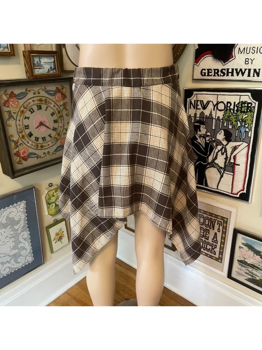 Asymmetrical Brown Beige White Plaid Skirt with tie Waist Womens Size L